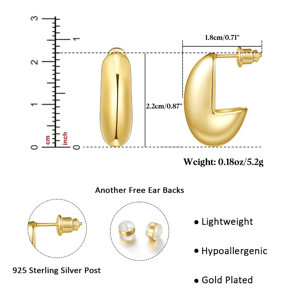 14K Gold Plated Lightweight Chunky Gold Hoop Earrings- Hollow Half Open