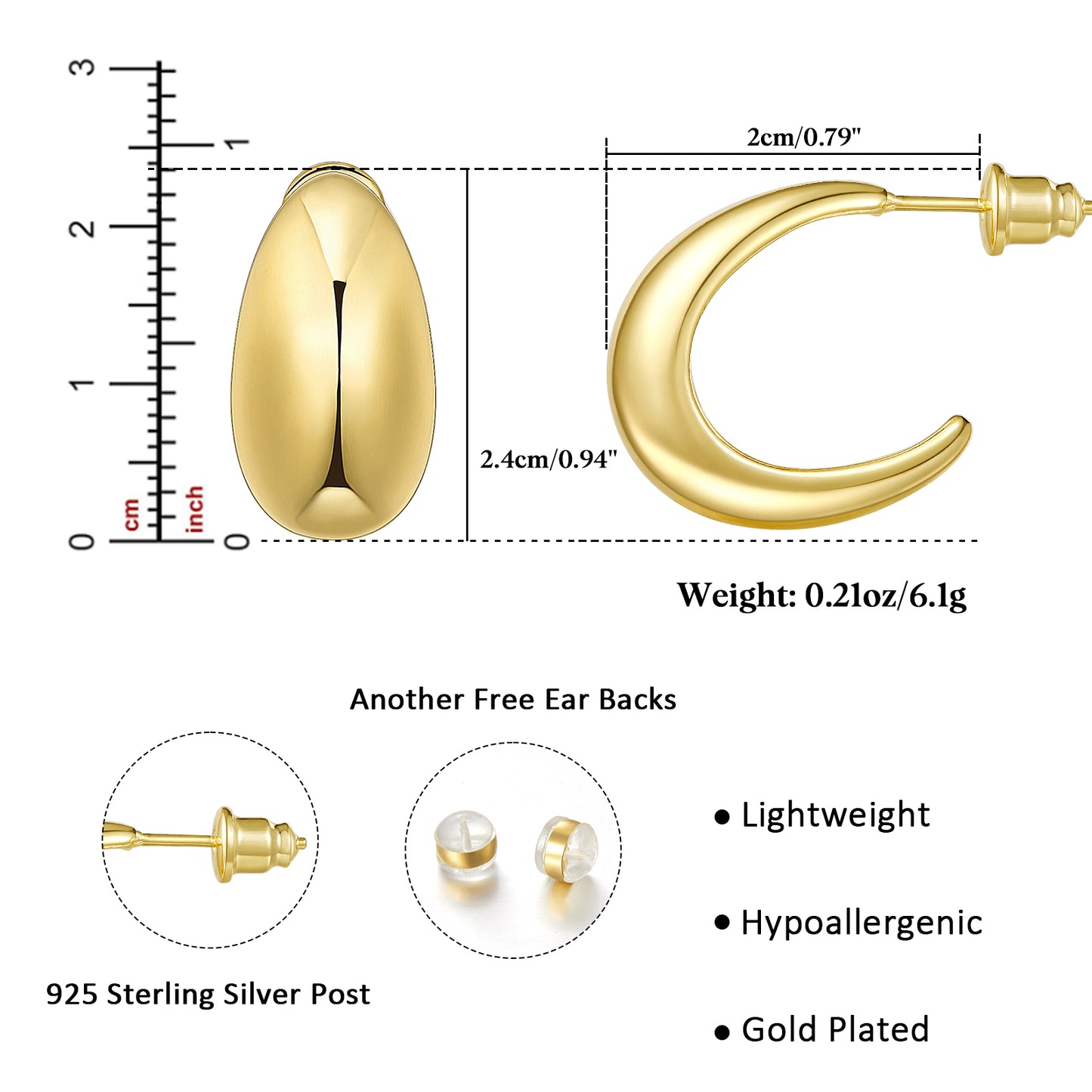 14K Gold Plated Lightweight Chunky Gold Hoop Earrings- C shaped Hoop