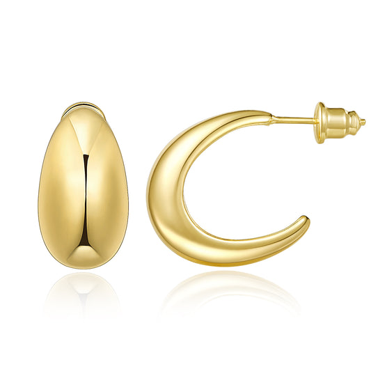 14K Gold Plated Lightweight Chunky Gold Hoop Earrings- C shaped Hoop