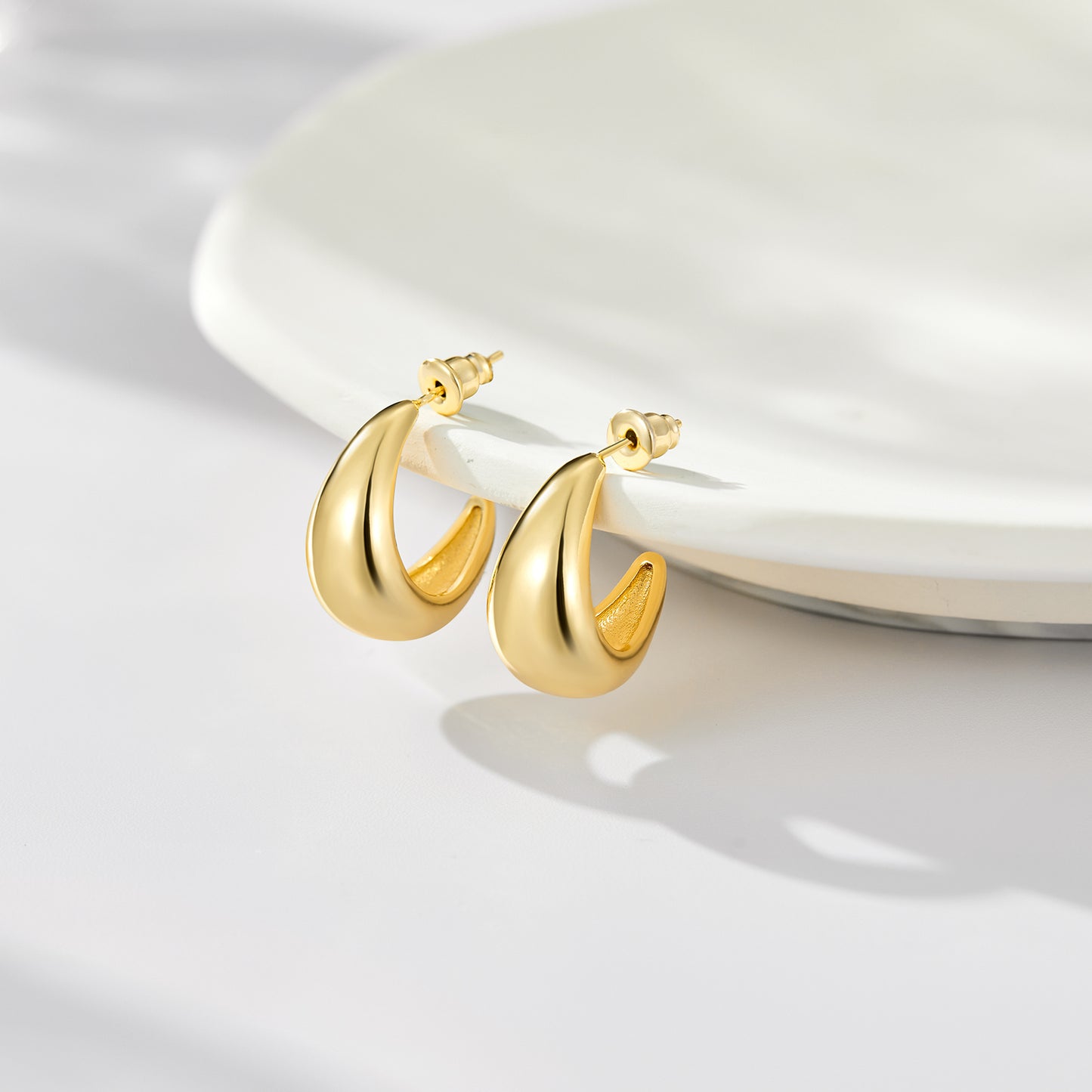 14K Gold Plated Lightweight Chunky Gold Hoop Earrings- C shaped Hoop