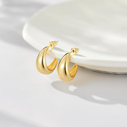 14K Gold Plated Lightweight Chunky Gold Hoop Earrings- C shaped Hoop