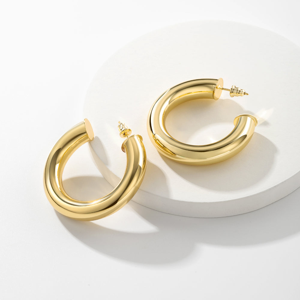 Chunky Gold Tube Hoop Earrings 14K Plated