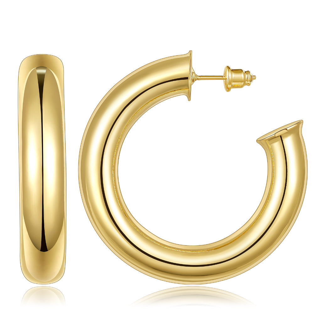 Chunky Gold Tube Hoop Earrings 14K Plated