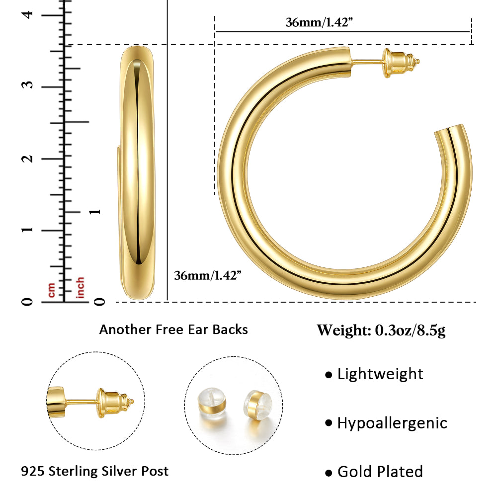 Chunky Gold Tube Hoop Earrings 14K Plated