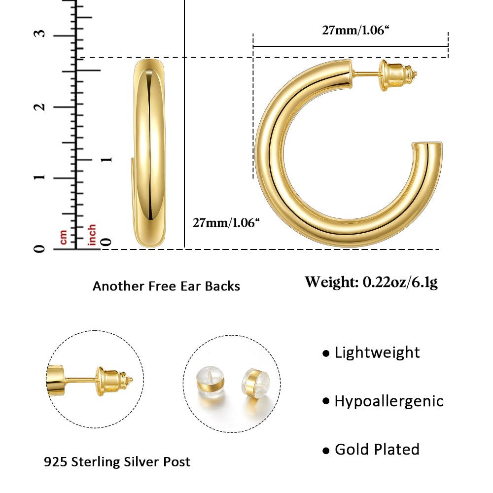 Chunky Gold Tube Hoop Earrings 14K Plated