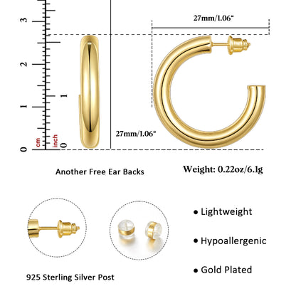 Chunky Gold Tube Hoop Earrings 14K Plated