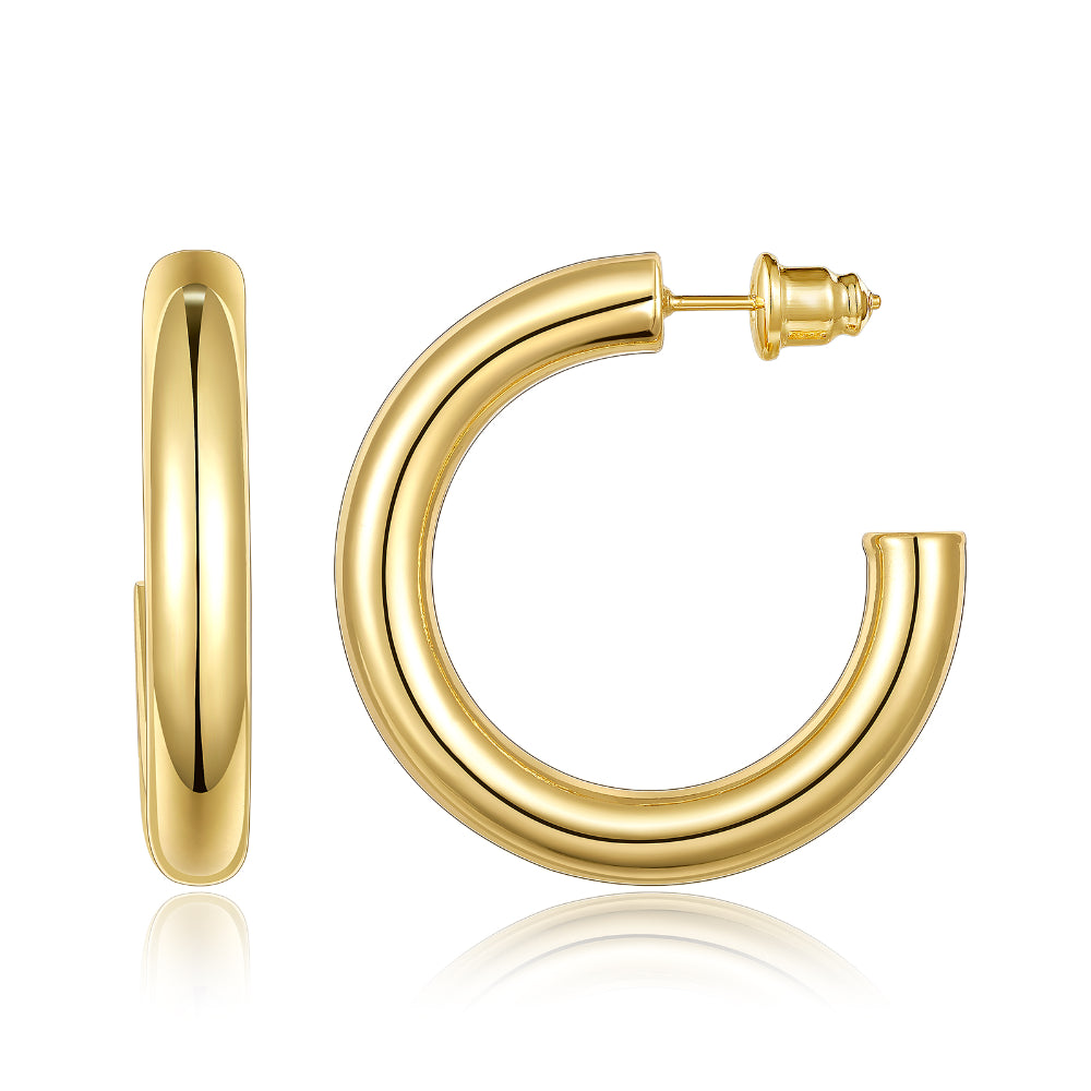 Chunky Gold Tube Hoop Earrings 14K Plated