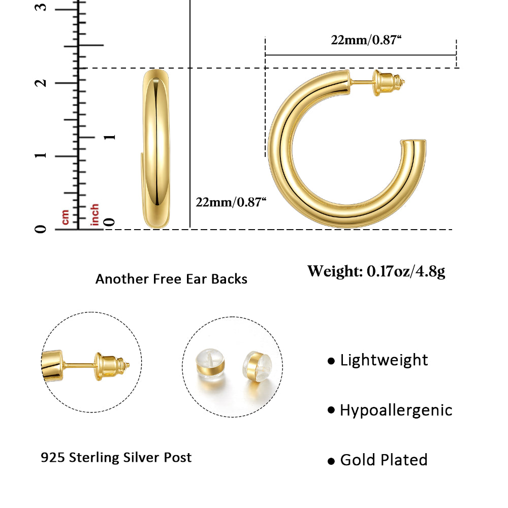 Chunky Gold Tube Hoop Earrings 14K Plated