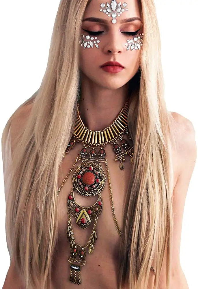 Boho Statement Turquoise Necklace Dancer Necklace Crossover Harness Bikini Waist Belly Sexy Body Chains for Women