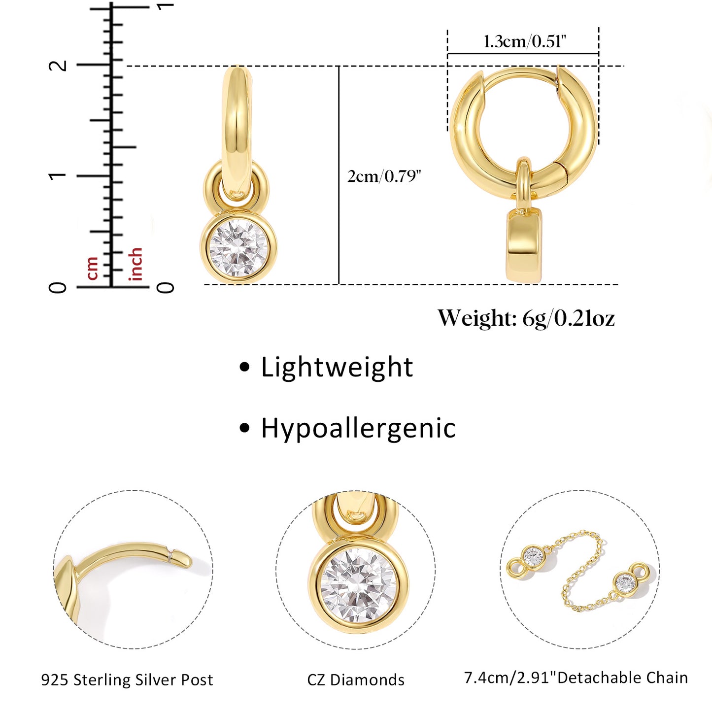 KissYan Single/Double Detachable Multi-Wear Huggie Hoop Chain Earrings