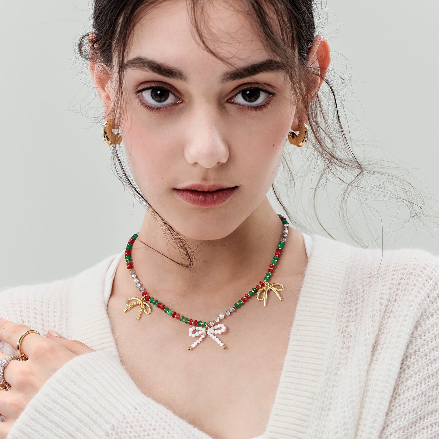 KissYan Christmas Bow Natural Gemstone Bead Festival Necklace