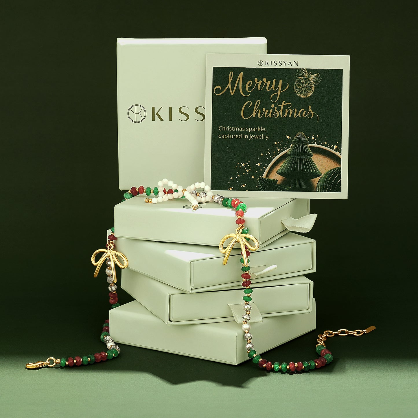 KissYan Christmas Bow Natural Gemstone Bead Festival Necklace