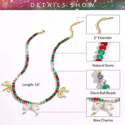 KissYan Christmas Bow Natural Gemstone Bead Festival Necklace