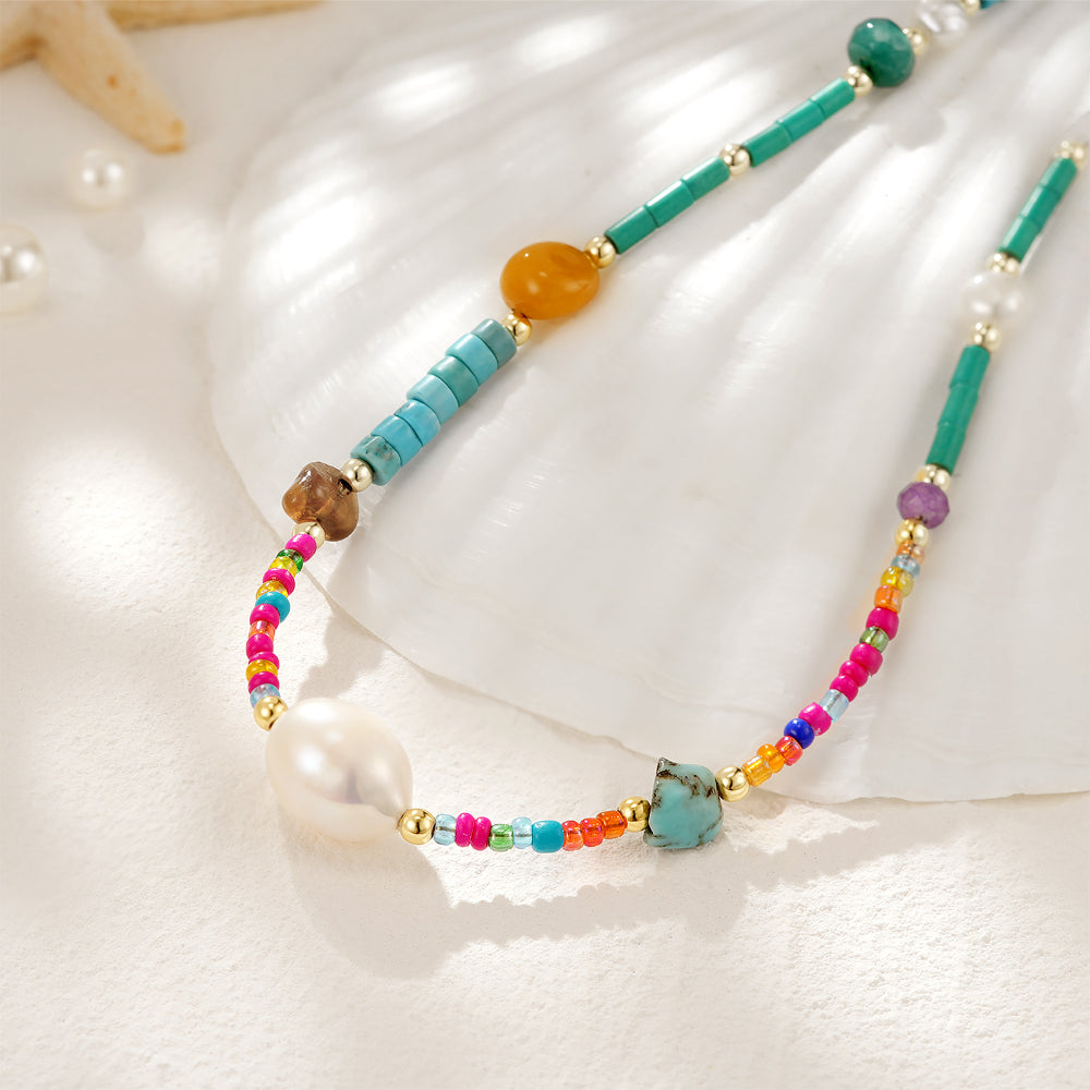 Natural Beaded Gemstone Colorful & Pearl Choker Necklace