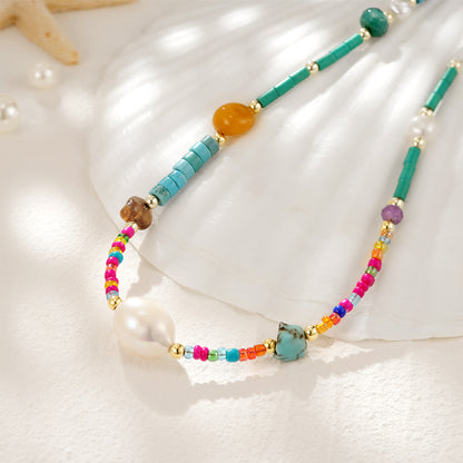 Natural Beaded Gemstone Colorful & Pearl Choker Necklace