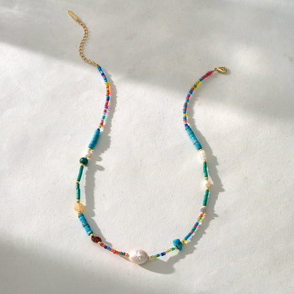 Natural Beaded Gemstone Colorful & Pearl Choker Necklace