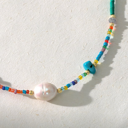 Natural Beaded Gemstone Colorful & Pearl Choker Necklace