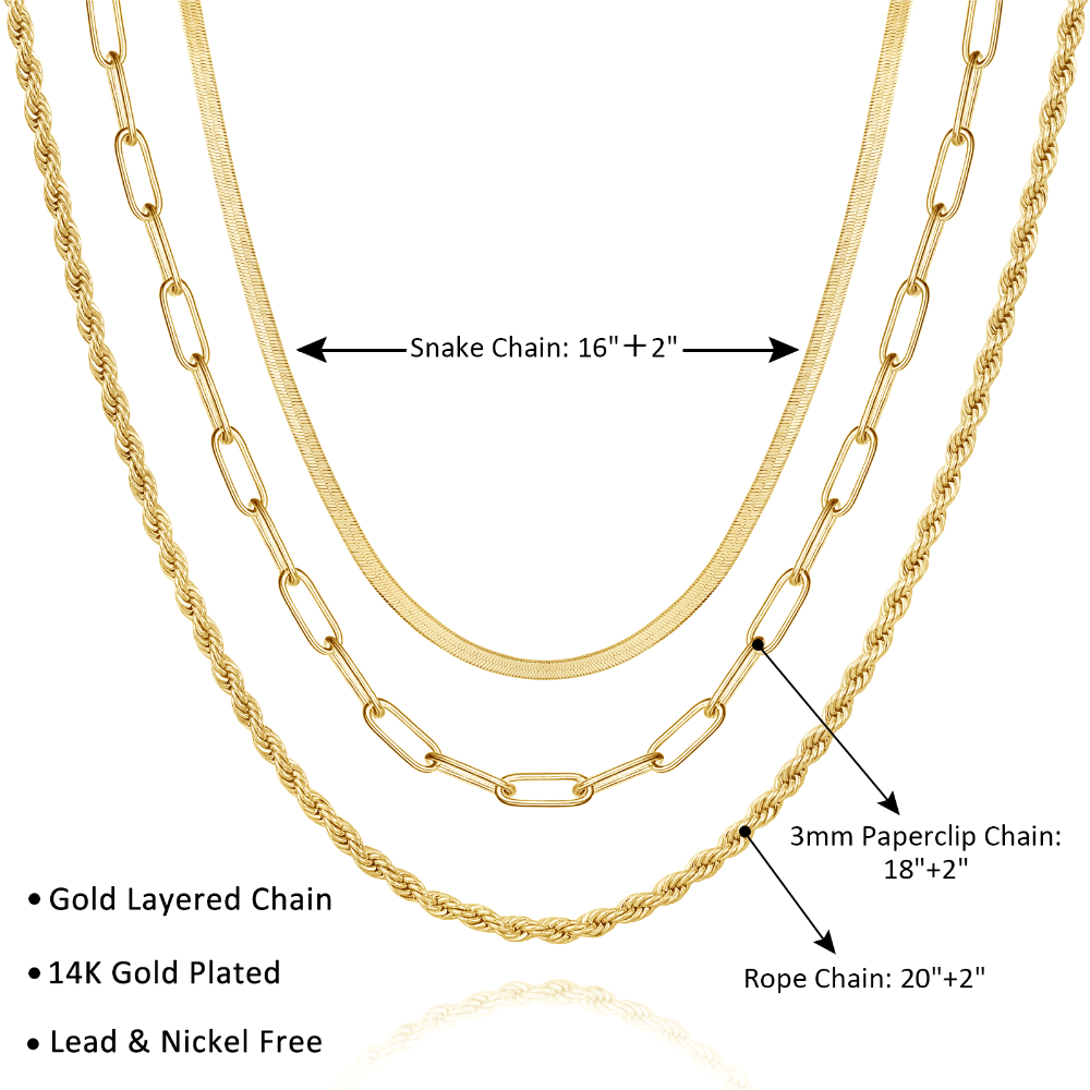 Detailed view of Dainty 14K Gold Layered Necklaces - Snake, Rope, Paperclip Chain