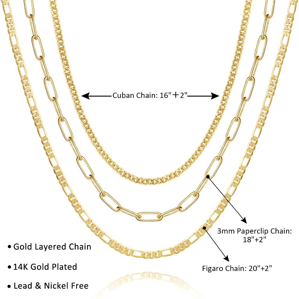 Detailed view of Dainty 14K Gold Layered Necklaces - Cuban, 3mm Paperclip, Figaro