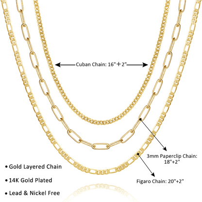 Detailed view of Dainty 14K Gold Layered Necklaces - Cuban, 3mm Paperclip, Figaro