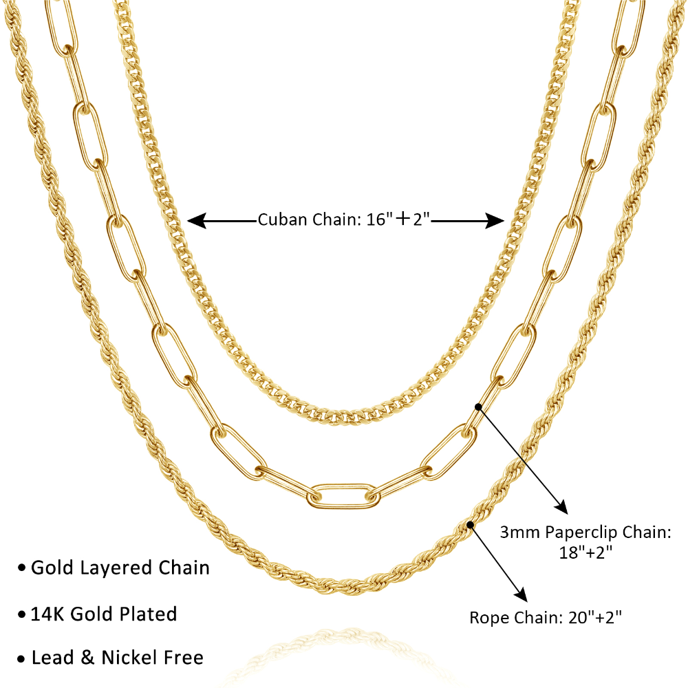 Detailed view of Dainty 14K Gold Layered Necklaces - Cuban, Rope, Paperclip