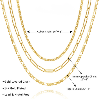 Detailed view of Dainty 14K Gold Layered Necklaces - Cuban, Figaro, 4mm Paperclip