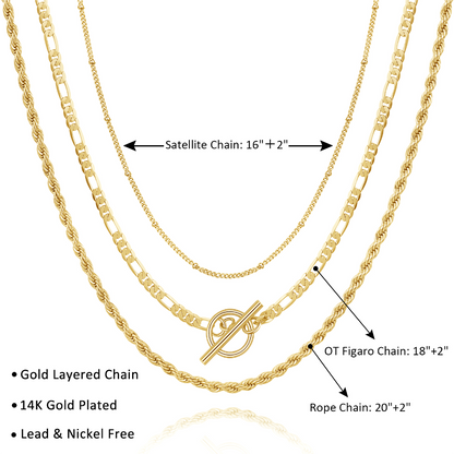 Detailed view of Dainty 14K Gold Layered Necklaces - Satellite, Figaro, Rope Chain