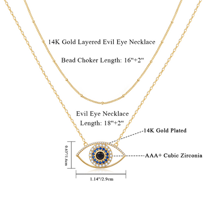 Dainty 14K Gold Layered Evil Eye Religious Necklace- Devil's Eye+Satellite