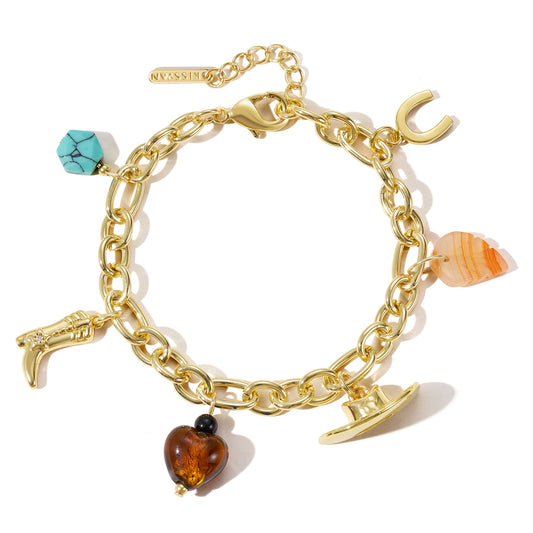 KissYan Cowgirl Western Charm Bracelets, 14K Gold Plated Boot Horseshoe Turquoise Pendant Chain