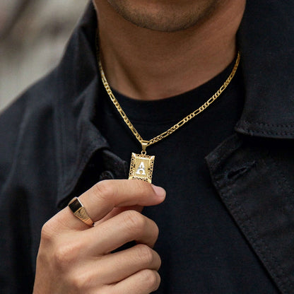 14K Gold Plated Initial Letter Pendant Square Necklace for Men