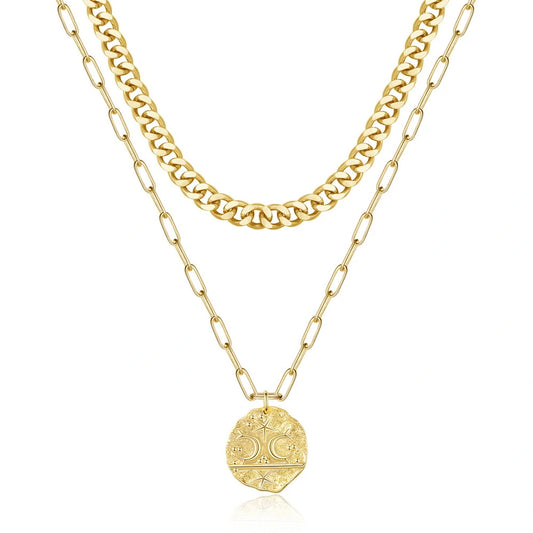 14K Gold Layered Moon Star Medallion Necklace on a white background