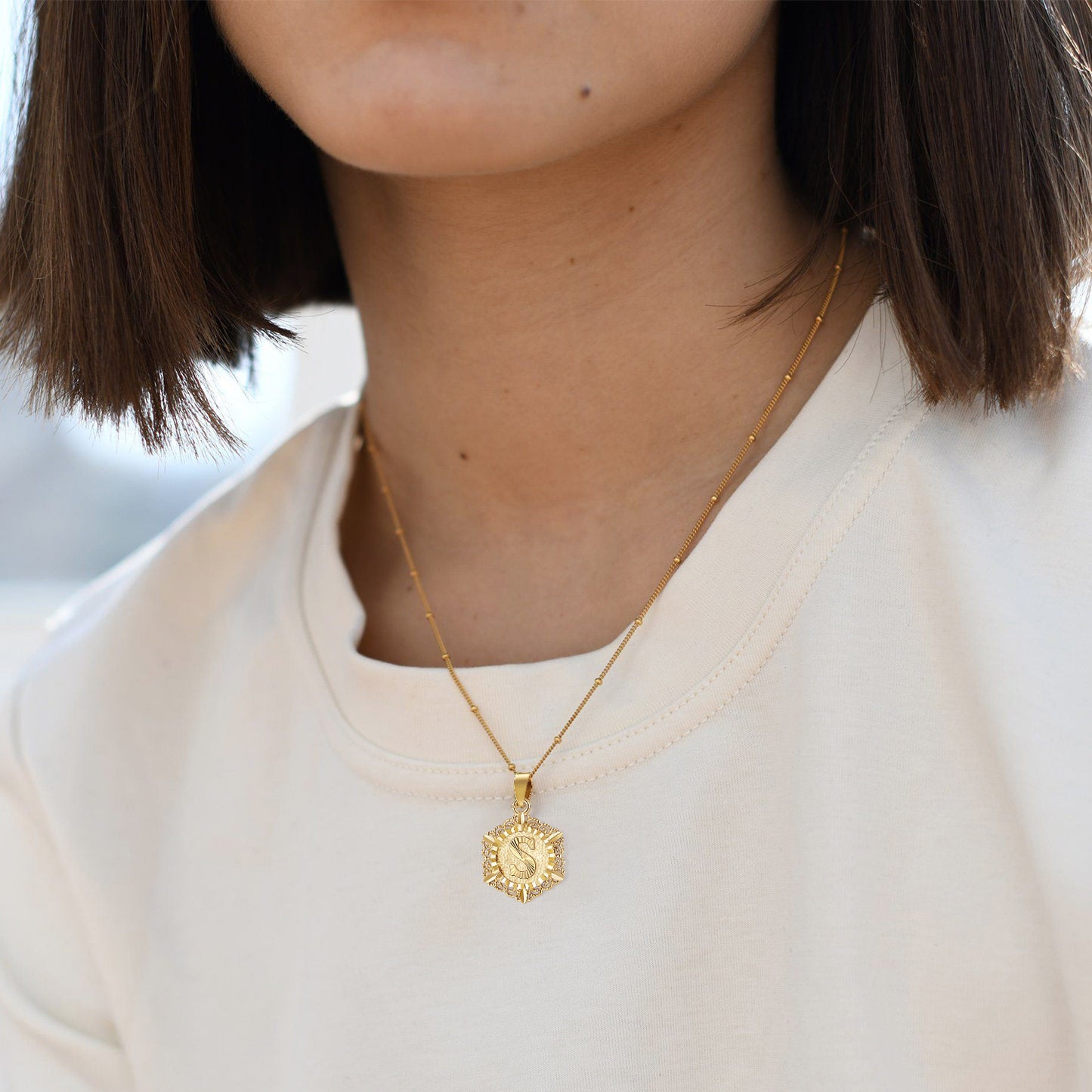 Standout Layered Hexagon Initial Necklace in 14K Gold