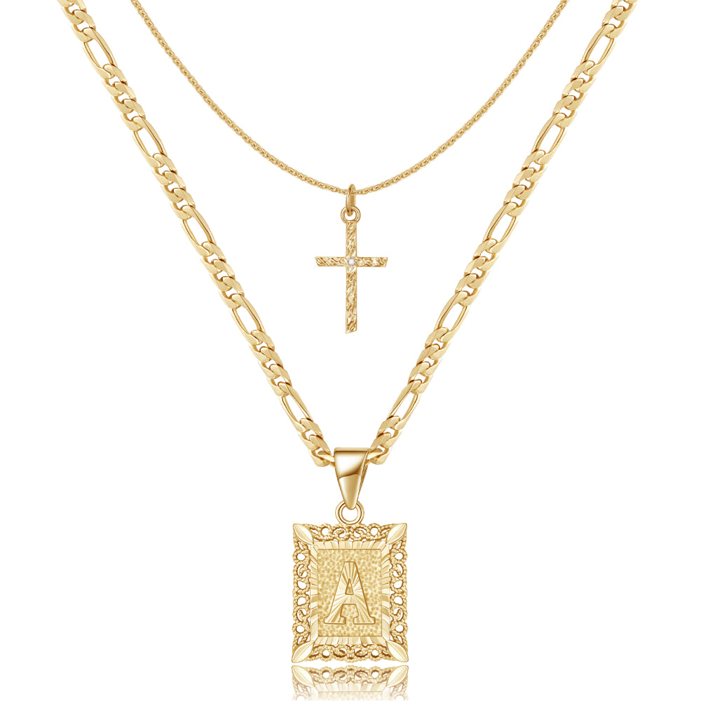 14K Gold Initial Cross Necklace on White Background