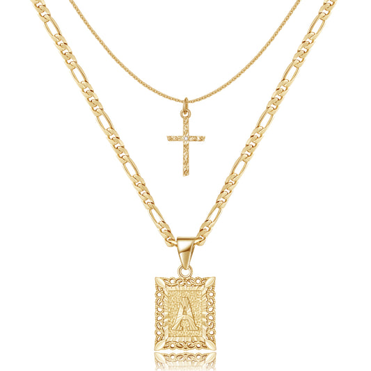 14K Gold Initial Cross Necklace on White Background