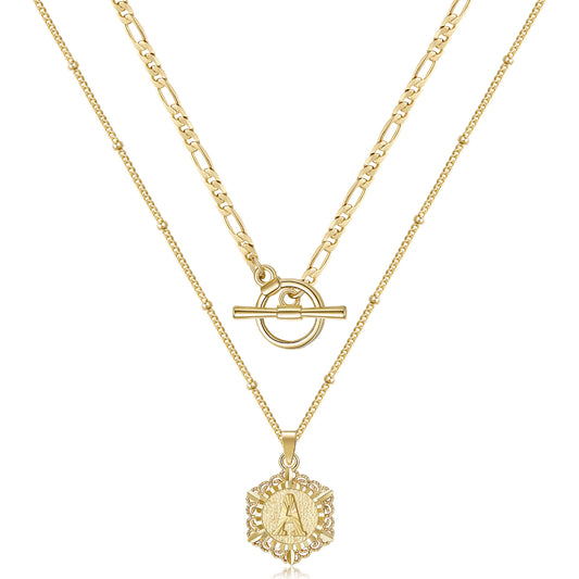 14K Gold Hexagon Initial Necklace on White Background