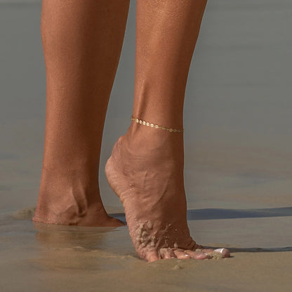 Close-up of Sequin Chain on 14k Gold Ankle Bracelet