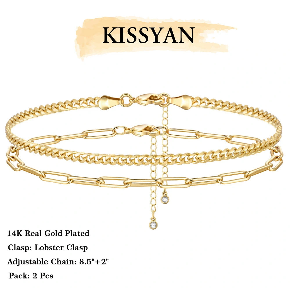 Dainty 14k Gold Plated Layering Anklets Bracelets Set-Paperclip & 3mm Cuban