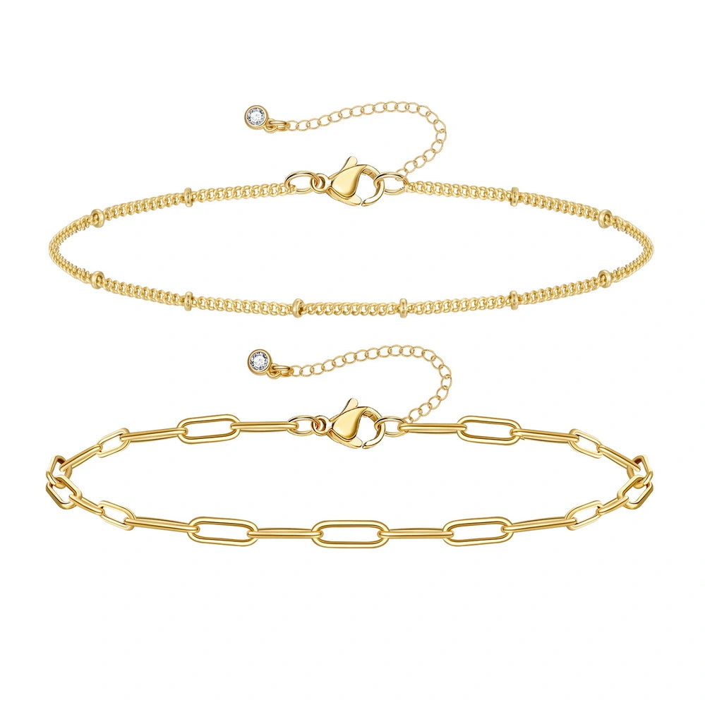 Dainty 14k Gold Plated Layering Anklets Bracelets Set- Paperclip & Satellite