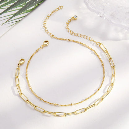 Trendy 14k gold anklet set with Paperclip and Satellite chains