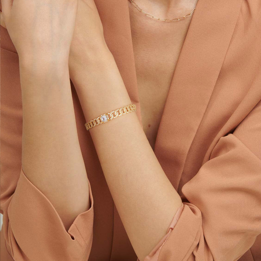 Woman Wearing 14K Gold Zircon Bracelet