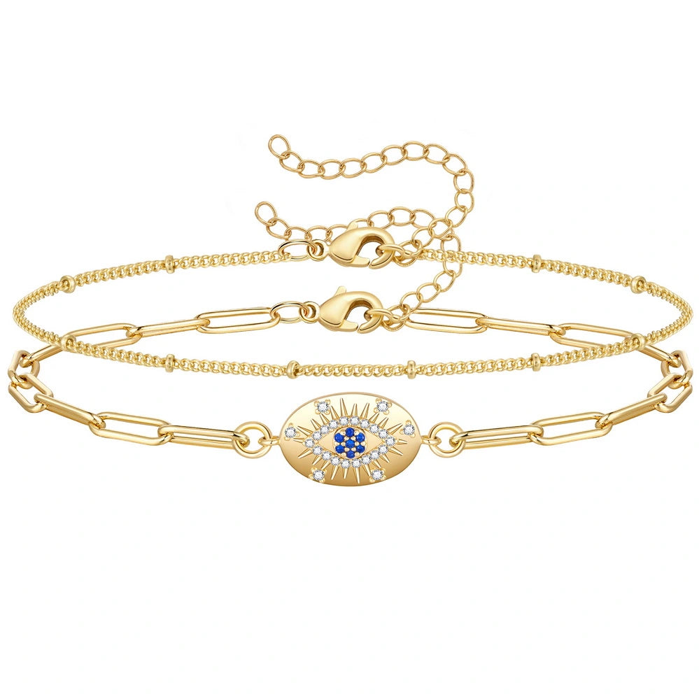 14k Gold Plated Oval Evil Eye and Satellite Chain Layering Anklets Set on white background