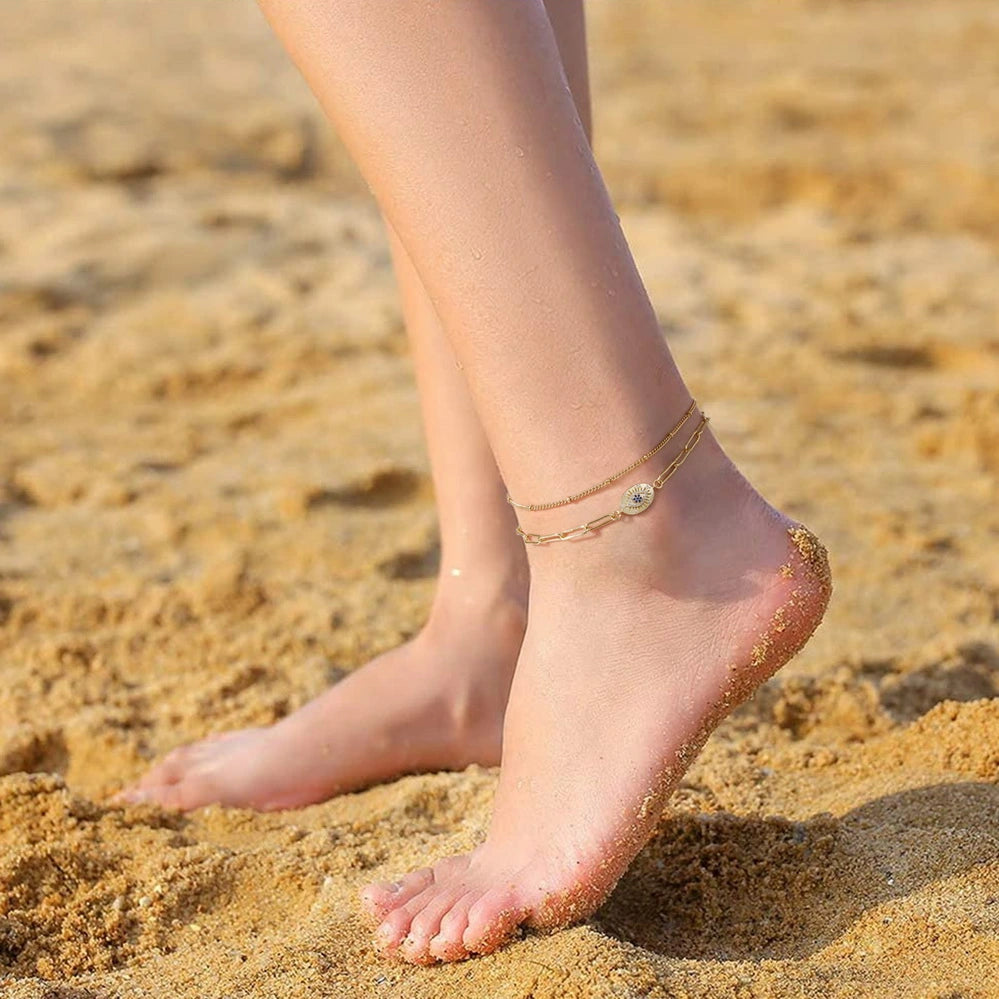 Detailed view of Oval Evil Eye Pendant and Satellite Chain in Layering Anklets Set