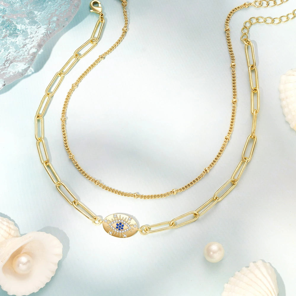 Elegant 14k Gold Plated Layering Anklets Set with Oval Evil Eye and Satellite Chain