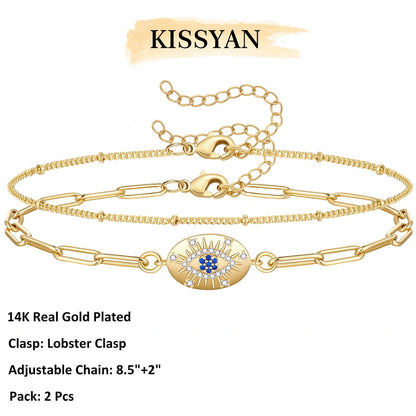 Elegant 14k Gold Plated Layering Anklets Set with Oval Evil Eye and Satellite Chain