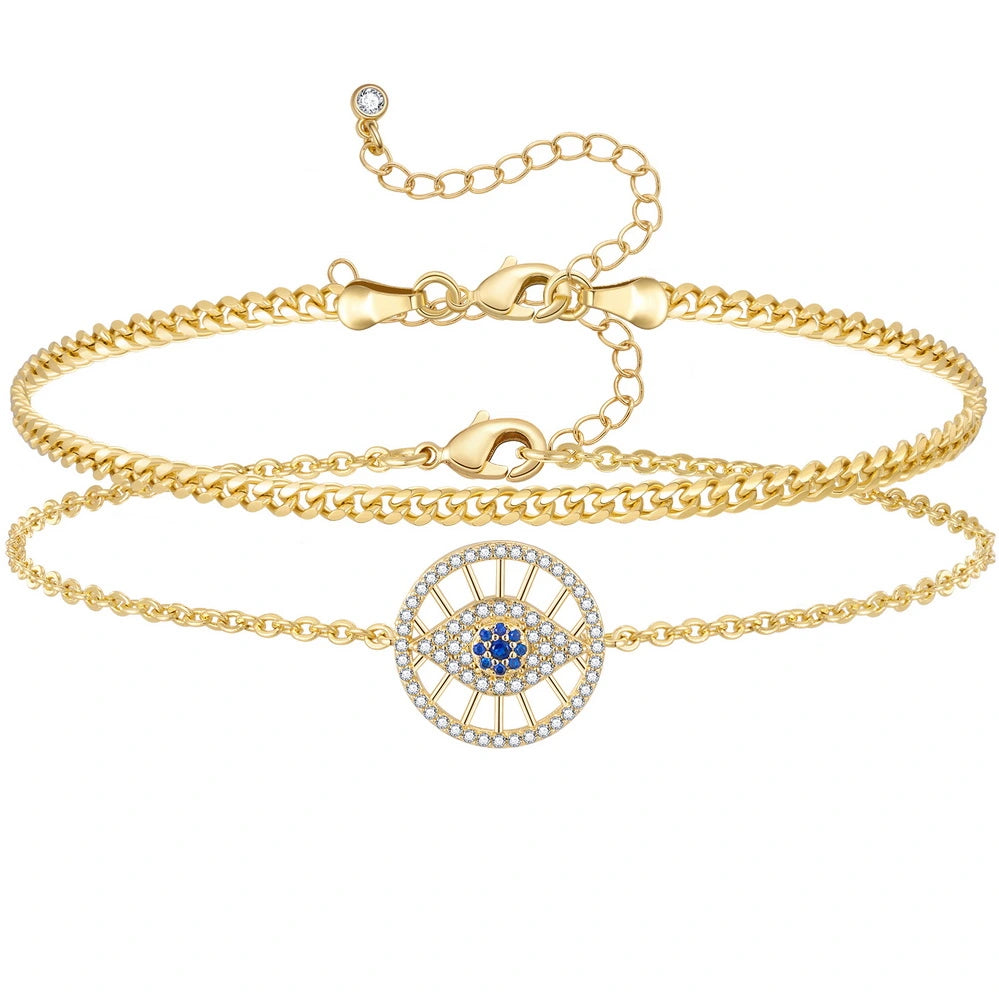 Gold Plated Layering Evil Eye Anklets Set with Round Eyes and 3mm Cuban Chain on white background