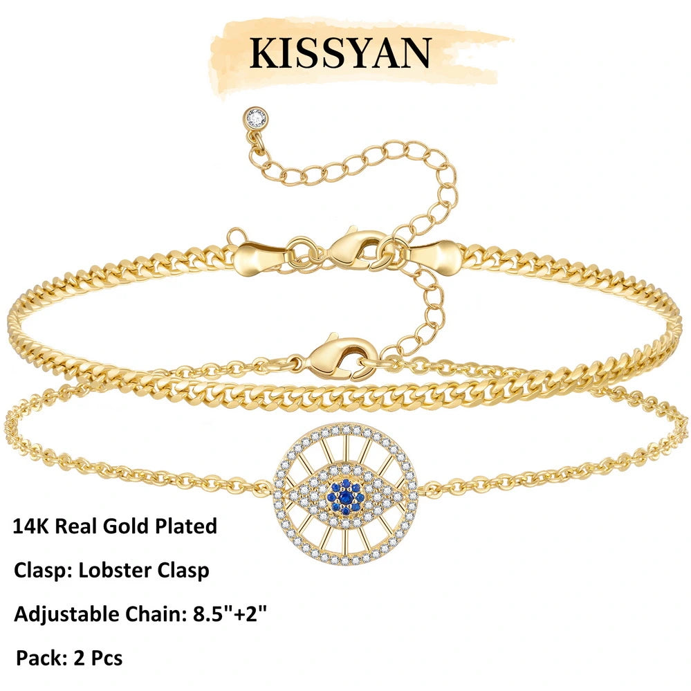 Stylish Layering Anklets Set with Round Evil Eye Pendants and 3mm Cuban Chain in 14k Gold Plating