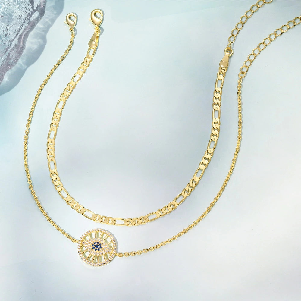 Detailed view of Gold Plated Layering Evil Eye Anklets Set - Round Eyes+Figaro Chain