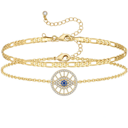 14k Gold Plated Layering Evil Eye Anklets Set on a white background