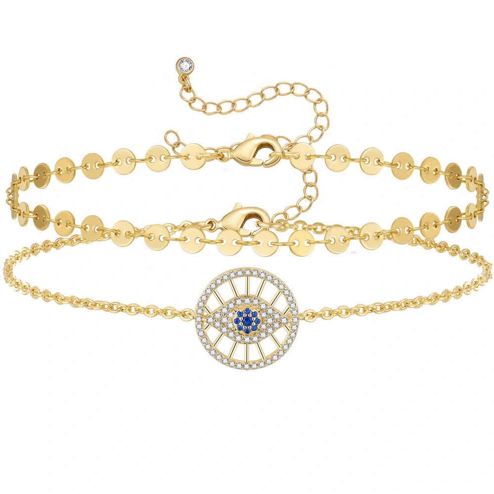 14k Gold Plated Round Eyes and Sequin Chain Layering Evil Eye Anklets Set on white background