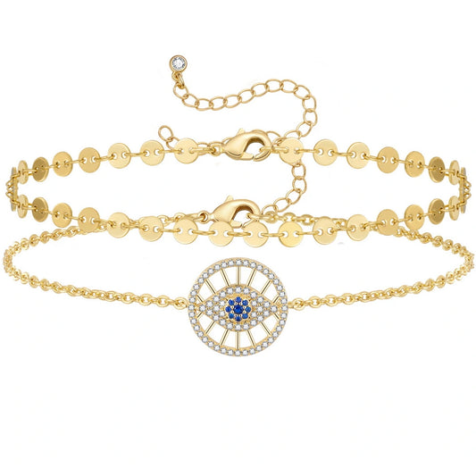 14k Gold Plated Round Eyes and Sequin Chain Layering Evil Eye Anklets Set on white background